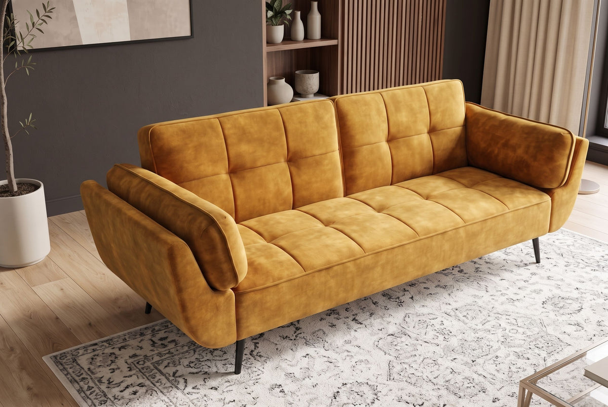 Sofa bed BOUTIQUE 215cm 3-seater w/ armrest cushions square quilting vogue velvet mustard yellow