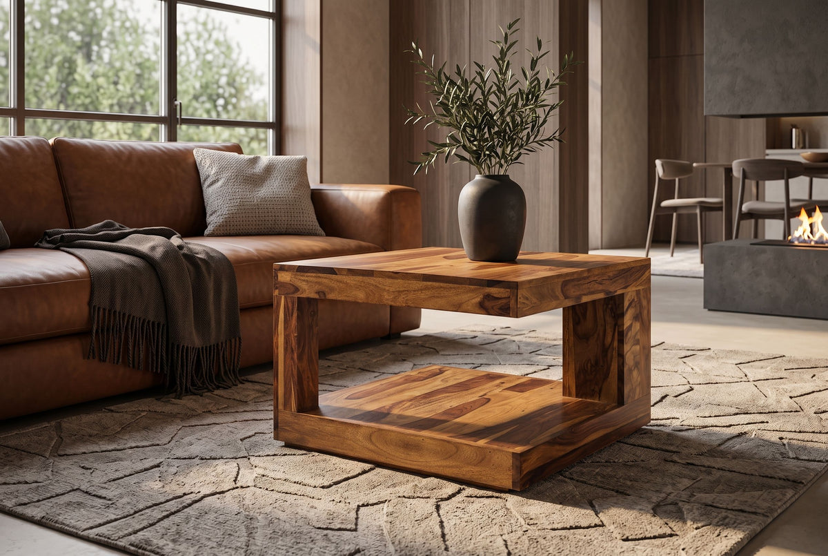 Coffee table GIANT M 60x60cm sheesham wood natural stone finish