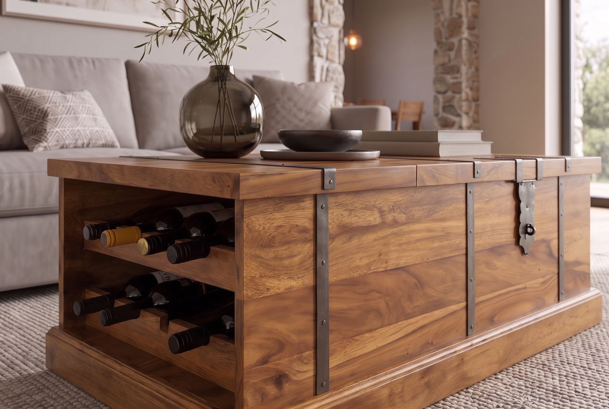 Coffee table BODEGA 100cm w/ wine shelf and storage space sheesham wood brown