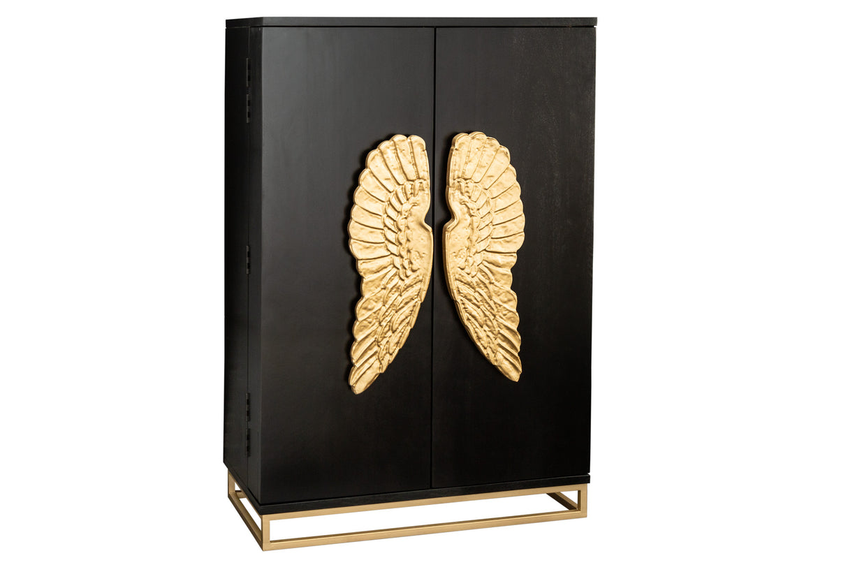 Barschrank ANGEL 140cm mit goldenen Flügeln Mangoholz schwarz