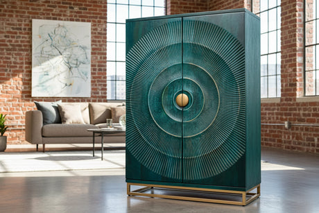 Barschrank GOLDEN SUNSET 140cm 3D Mangoholz türkis handgefertigt