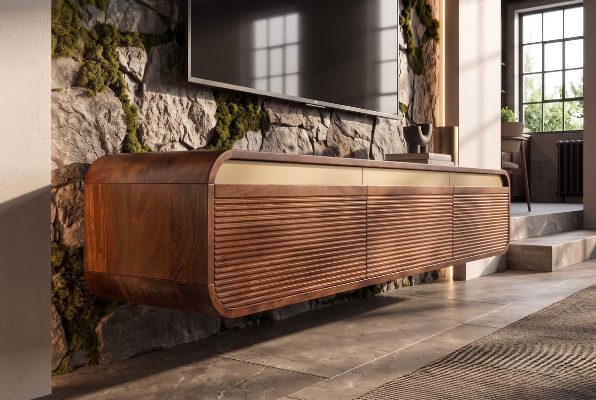 TV-Board MONZA 160cm w/ cable management hanging fluted front brown mango wood gold details