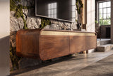 TV-Board MONZA 160cm w/ cable management hanging fluted front brown mango wood gold details