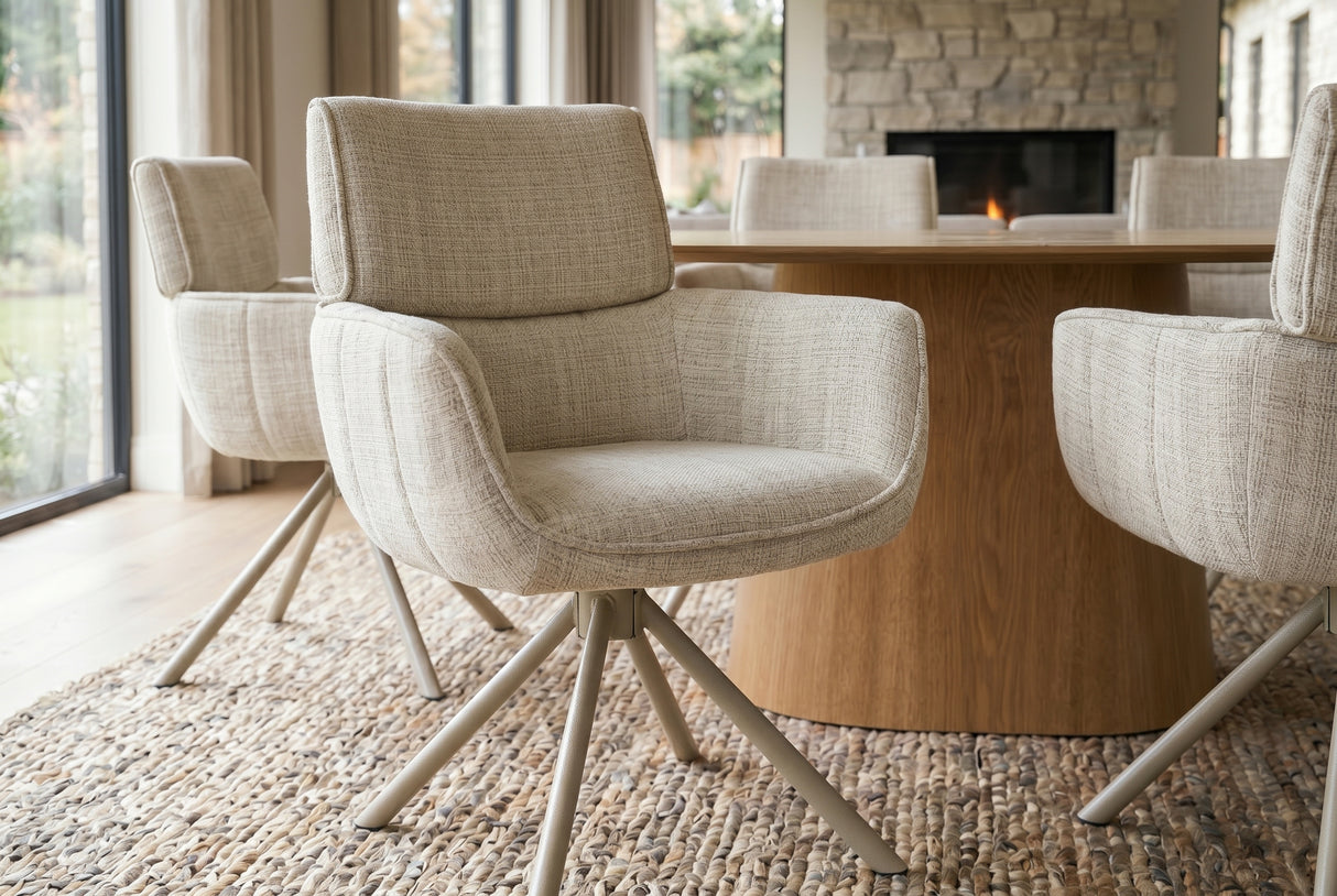 Swivel chair UNIQUE 180° auto-return w/ armrests chenille fabric beige champagne