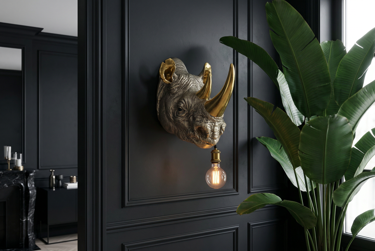 Wandleuchte RHINO 40 cm handgefertigte goldene Nashornskulptur