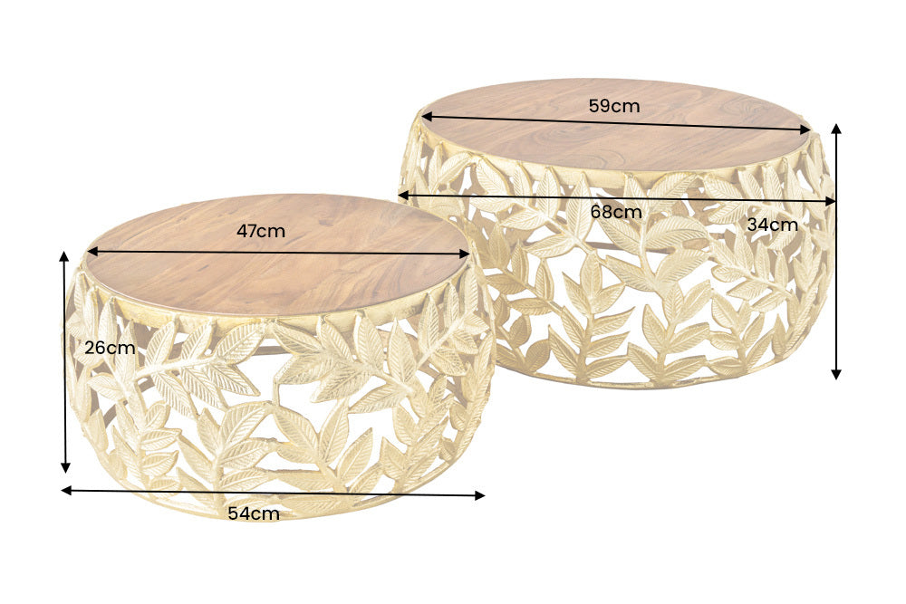 Couchtisch ABSTRACT LEAF 54-68cm 2er Set gold mit Akazienholzplatten