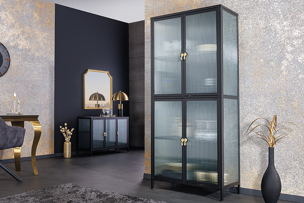 Vitrine AMSTERDAM 180cm Riffelglas schwarz