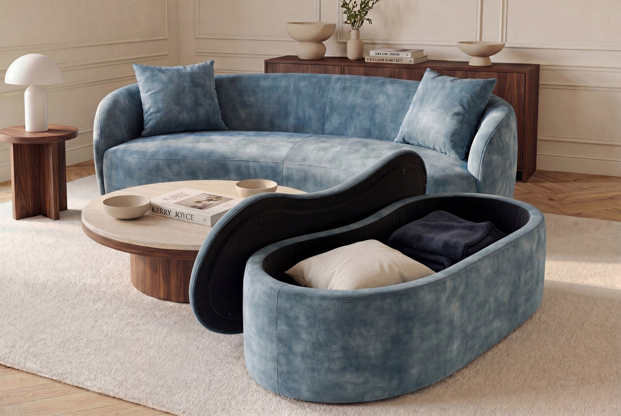 Bench chest ELEMENTAL 120cm upholstered w/ storage space velvet petrol