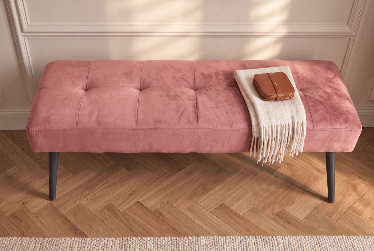 Bench BOUTIQUE 100cm button tufted look velvet dusky pink w/ black metal legs