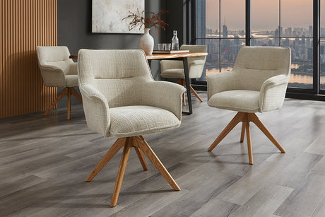 Swivel chair LE GRAND rotatable 180° beige chenille fabric w/ armrests and oak wood legs