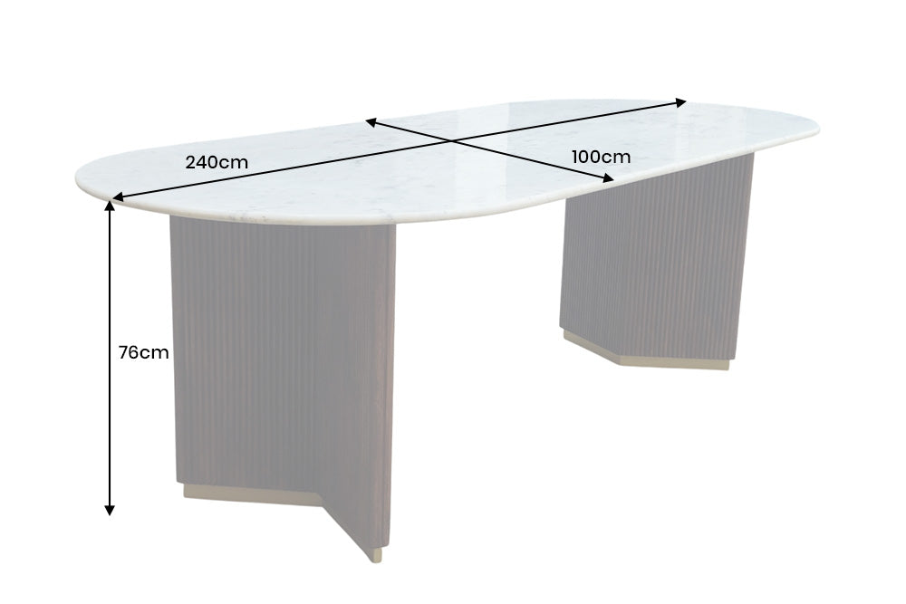 Dining table GATSBY 240cm oval mango wood v-shape frame marble top white