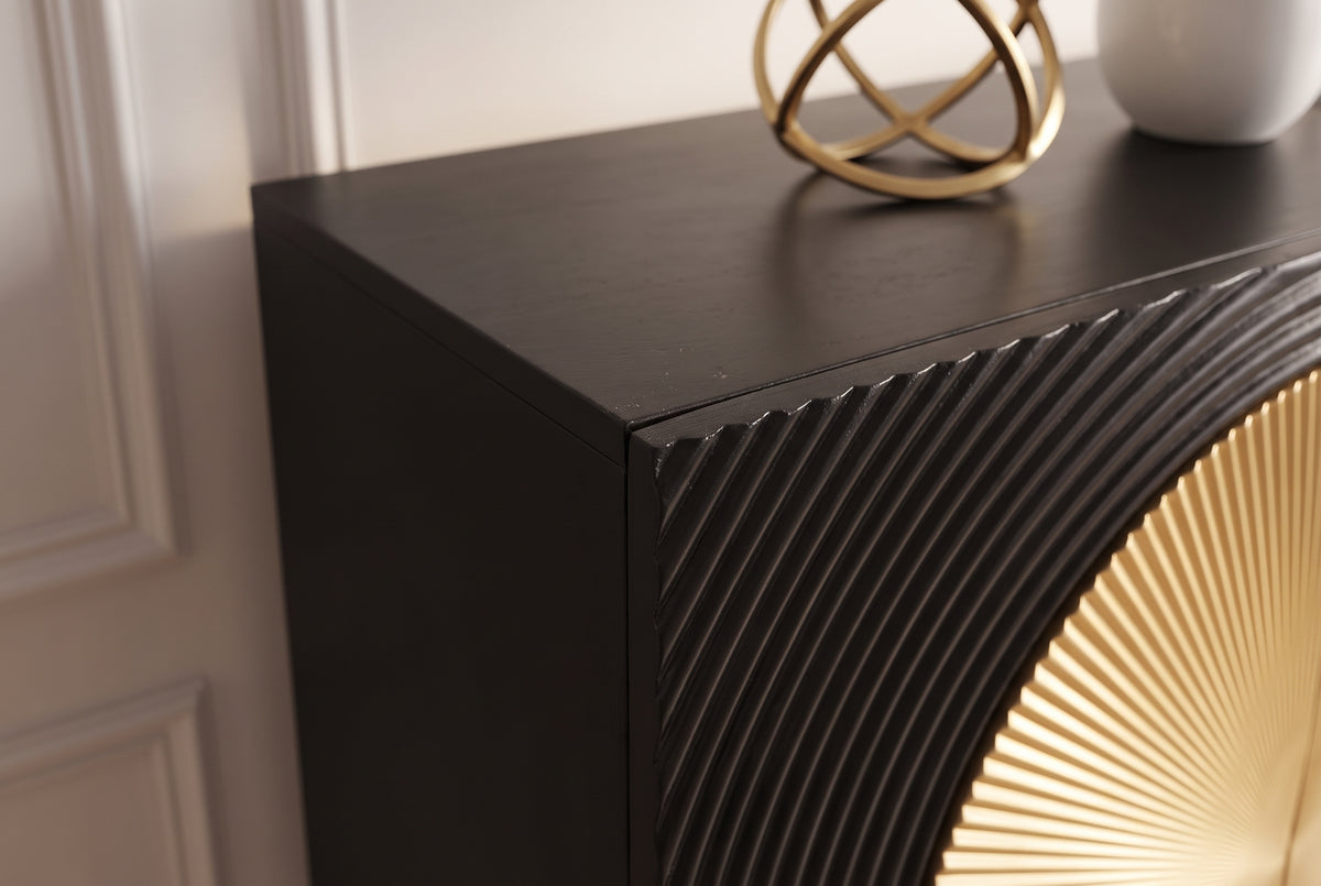Highboard AURUM 120cm textured front gold circle accent mango wood black gold metal feet