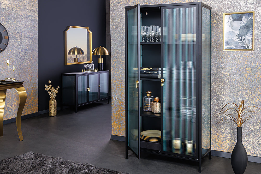 Vitrine AMSTERDAM 160cm Riffelglas schwarz