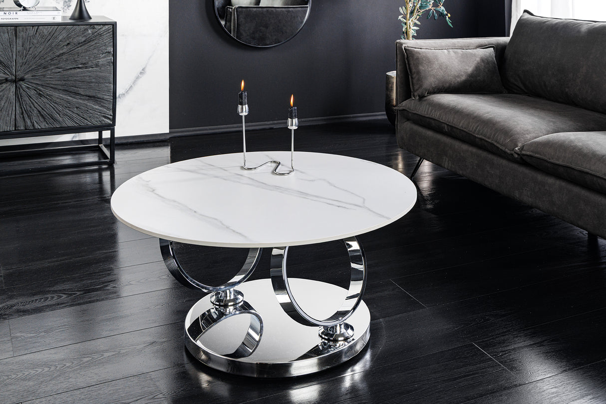 Coffee table DANCING RINGS 80-135cm rotatable w/ chrome rack and ceramic top white marble