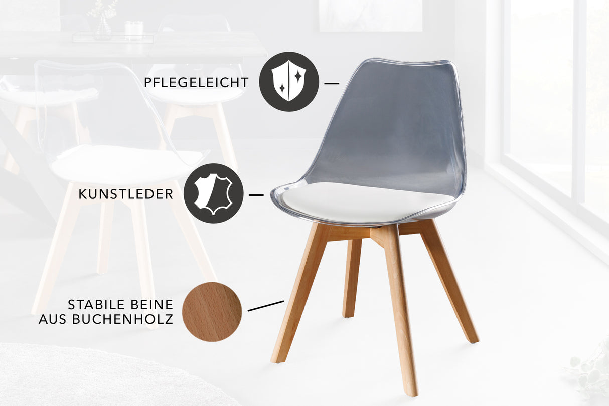 Stuhl SCANDINAVIA MEISTERSTÜCK Buchenholz Beine transparent weiß Kunstleder