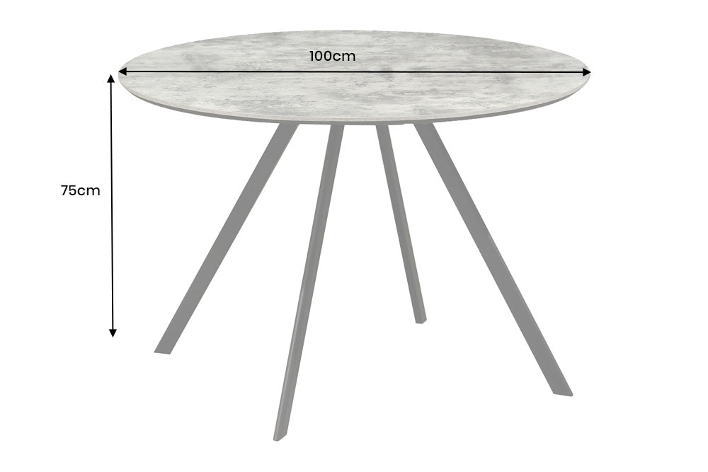 Esstisch ATELIER 100cm rund, graue Steinoptik mit schwarzen Metallbeinen