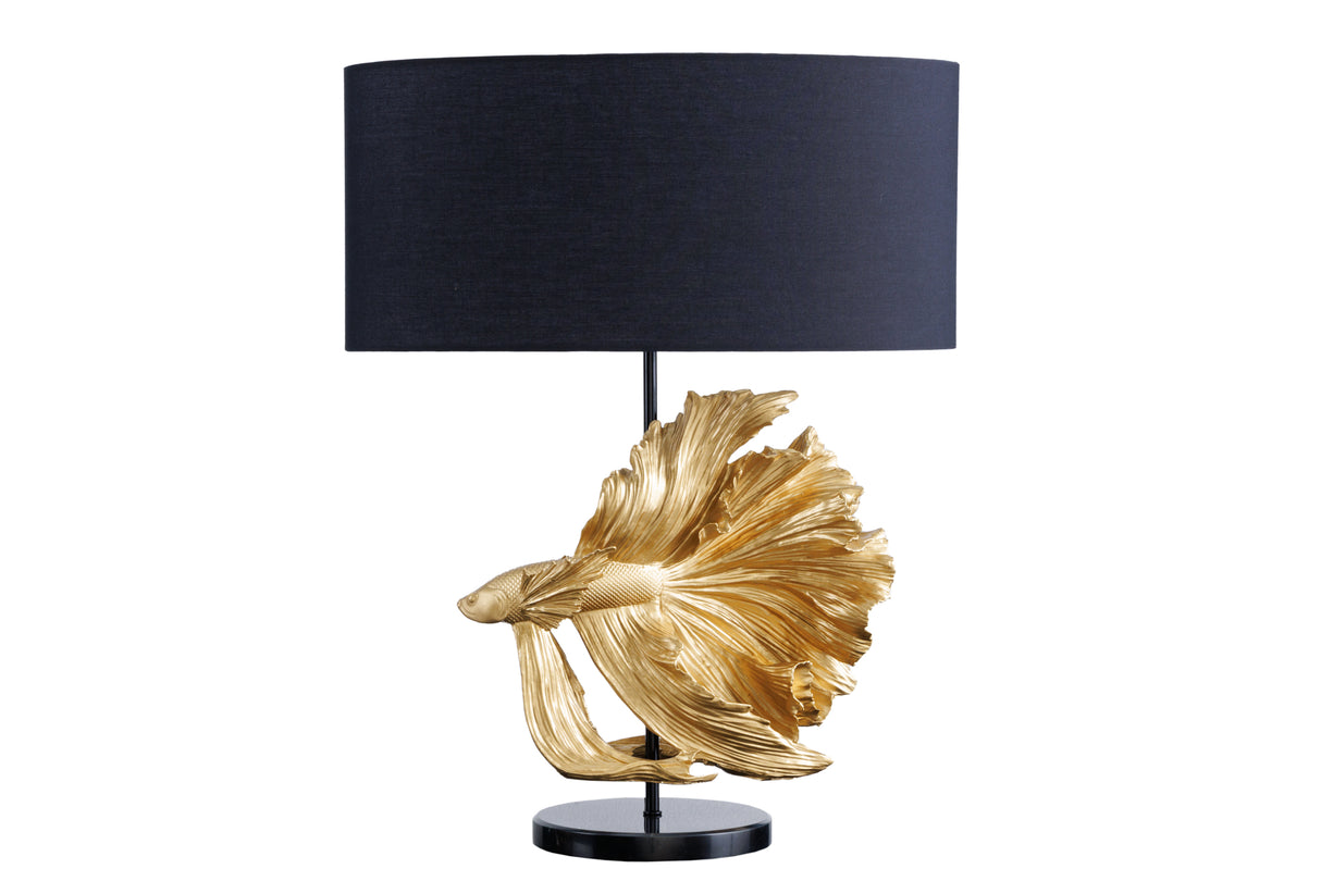 Tischleuchte CROWNTAIL 65cm Polyresin gold Lampenschirm schwarz