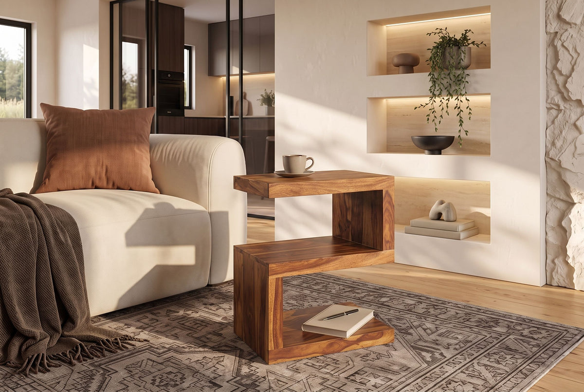 Side table S 60cm S-shape w/ open storage space sheesham wood brown stone finish