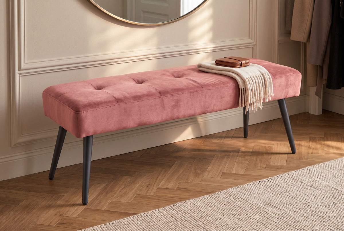 Bench BOUTIQUE 100cm button tufted look velvet dusky pink w/ black metal legs