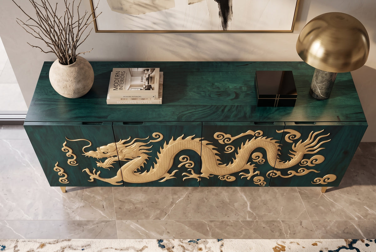 Sideboard DRAGON 180cm 3D dragon front mango wood turquoise w/ gold coloured details
