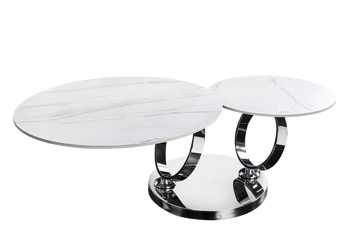 Coffee table DANCING RINGS 80-135cm rotatable w/ chrome rack and ceramic top white marble