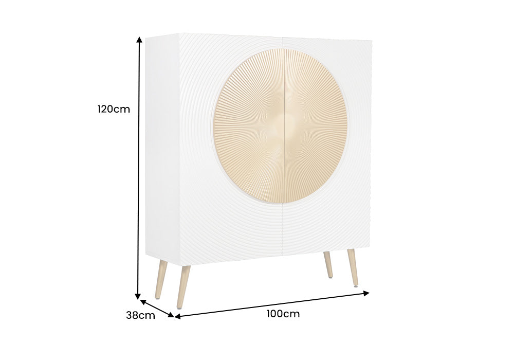 Highboard AURUM 120cm textured front gold circle accent mango wood white gold metal feet