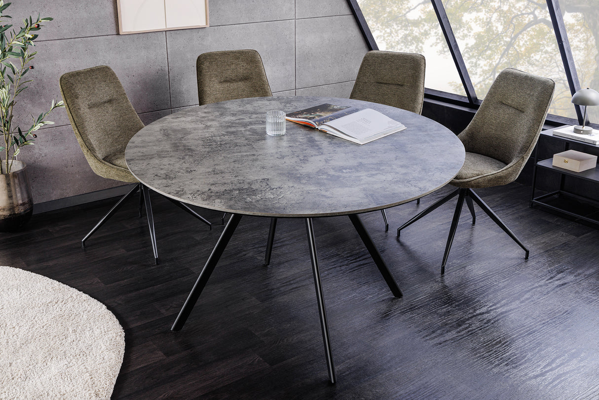 Esstisch ATELIER 120cm rund, graue Steinoptik mit schwarzen Metallbeinen