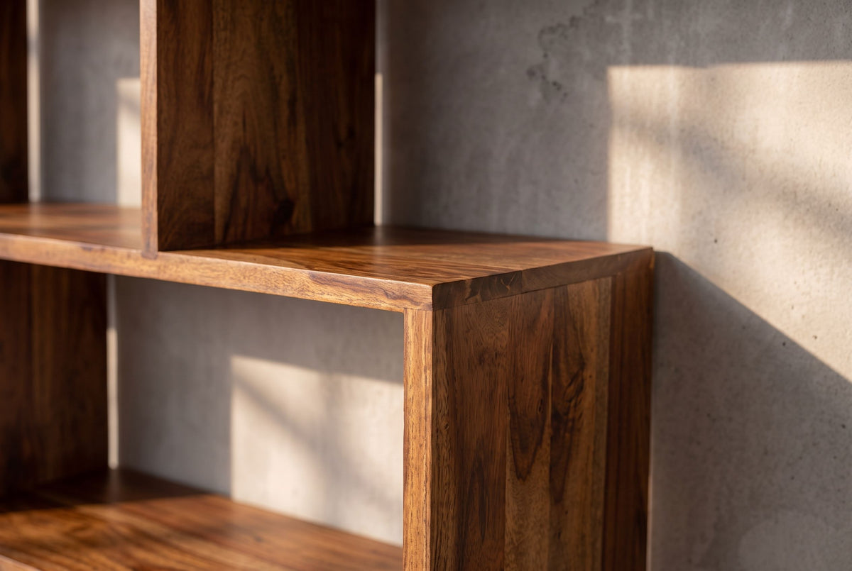 Shelf MAKASSAR XL 150cm asymmetrical open shelving sheesham wood brown stone finish