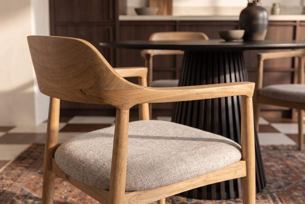 Chair KENNEDY upholstered seat w/ armrests mango wood creamy beige