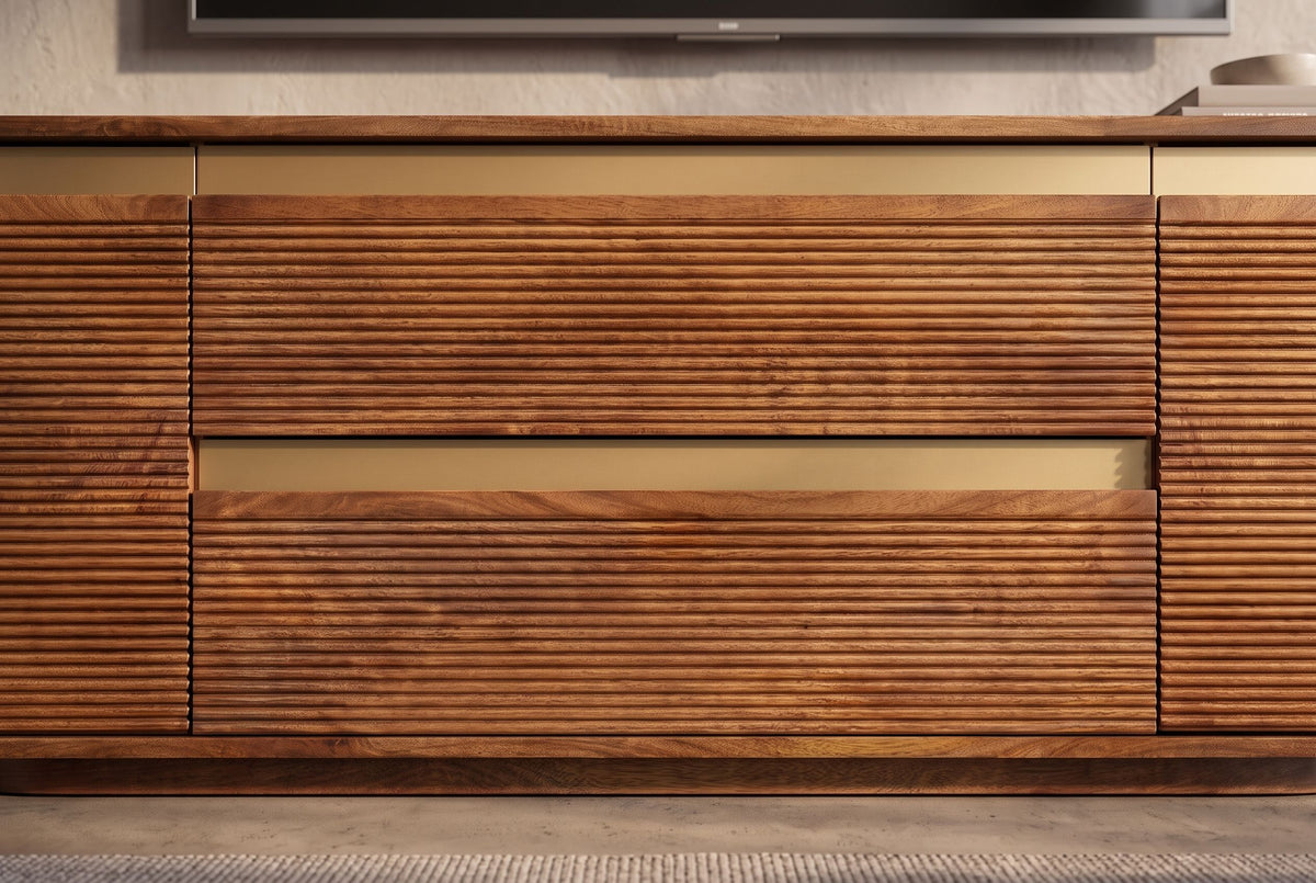 TV-Board MONZA 160cm w/ cable management fluted front rounded edges brown mango wood gold details