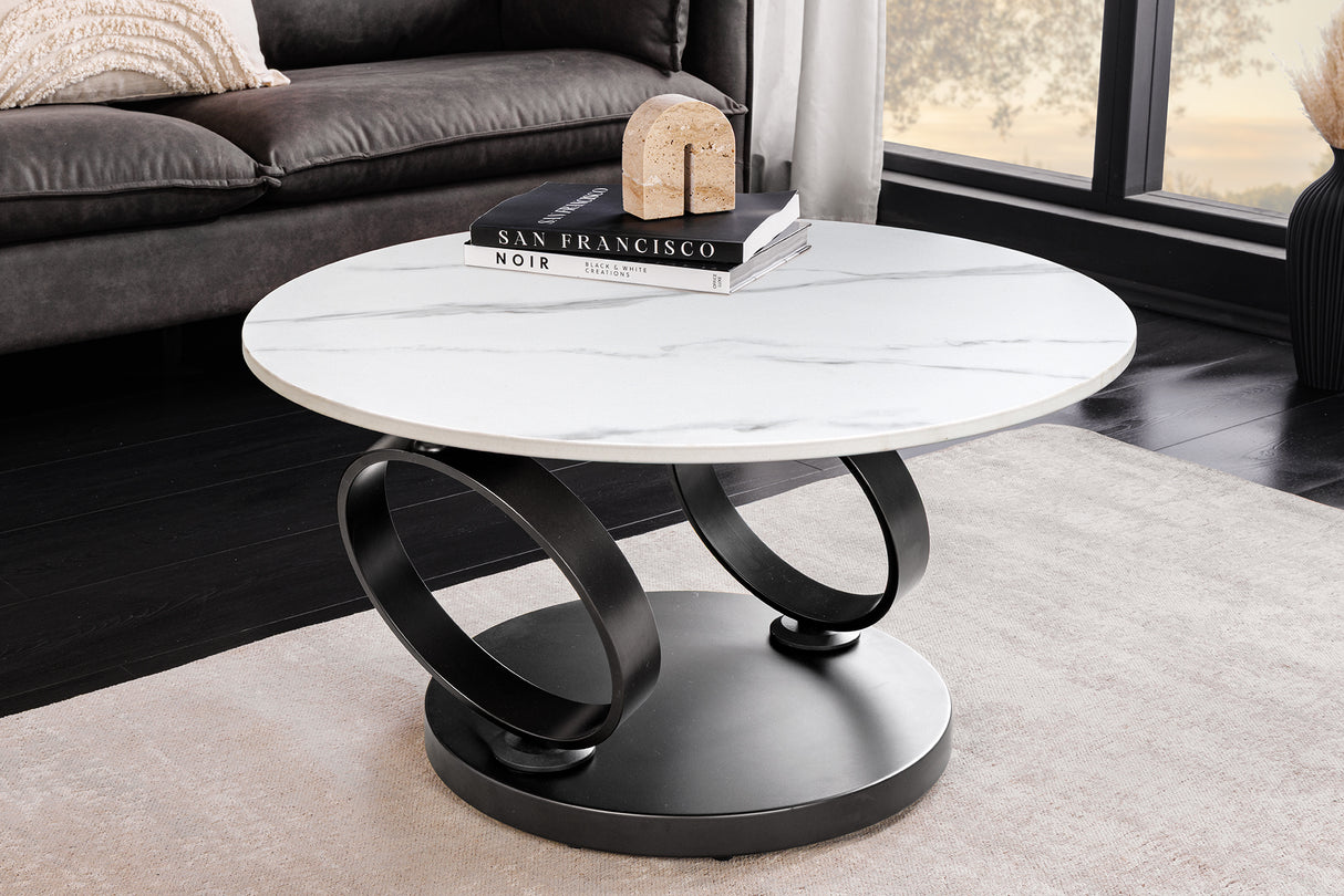 Couchtisch DANCING RINGS 80-135cm drehbare Keramikplatte weiß und anthrazit Marmoroptik