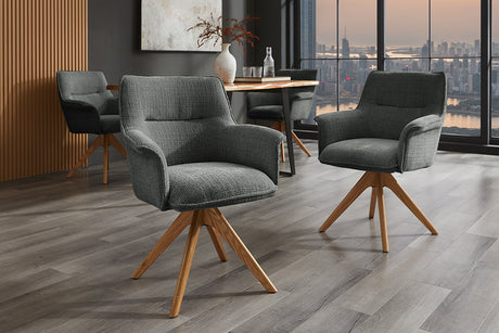 Swivel chair LE GRAND rotatable 180° grey chenille fabric w/ armrests and oak wood legs