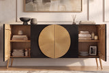 Sideboard AURUM 180cm textured front gold circle accent mango wood black gold metal feet