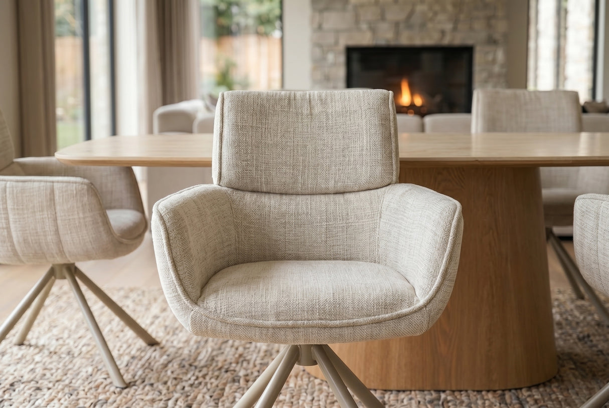 Swivel chair UNIQUE 180° auto-return w/ armrests chenille fabric beige champagne