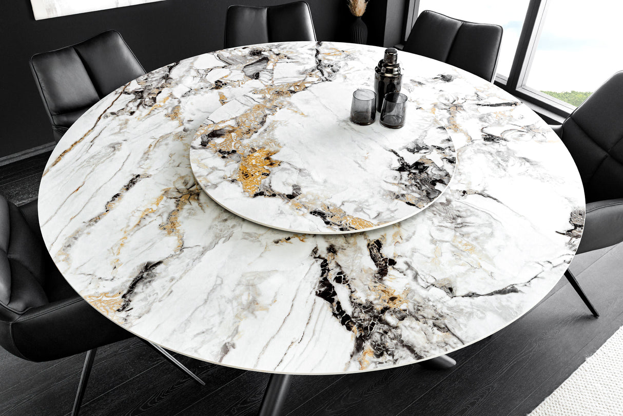 Dining table SPIN Ø 150cm rotatable with removable platter ceramic marble look white multicoloured