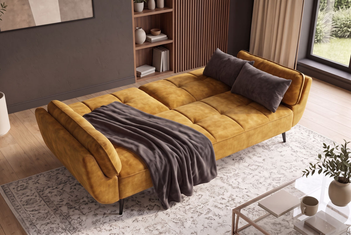 Sofa bed BOUTIQUE 215cm 3-seater w/ armrest cushions square quilting vogue velvet mustard yellow