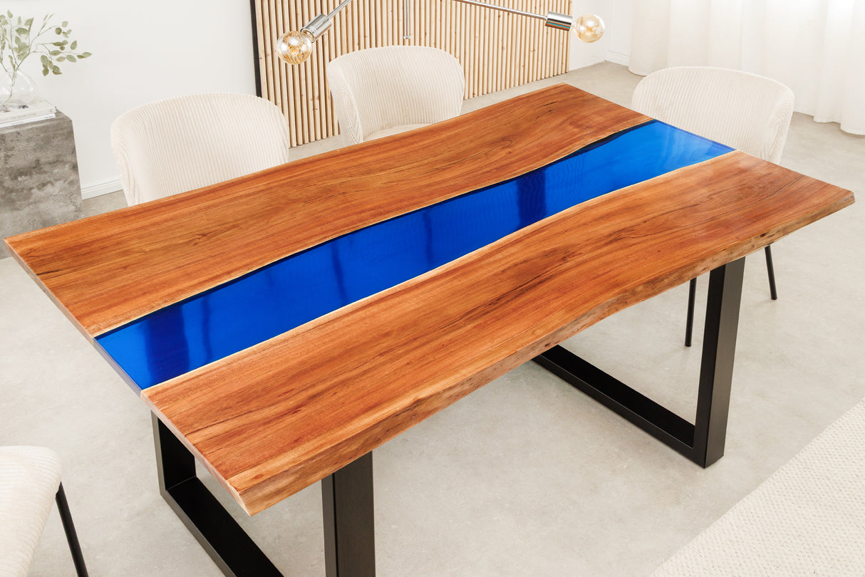 Dining table LIQUID 160cm acacia wood blue epoxy strip