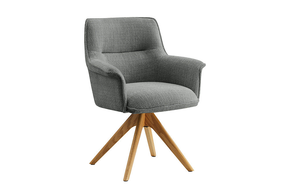 Swivel chair LE GRAND rotatable 180° grey chenille fabric w/ armrests and oak wood legs