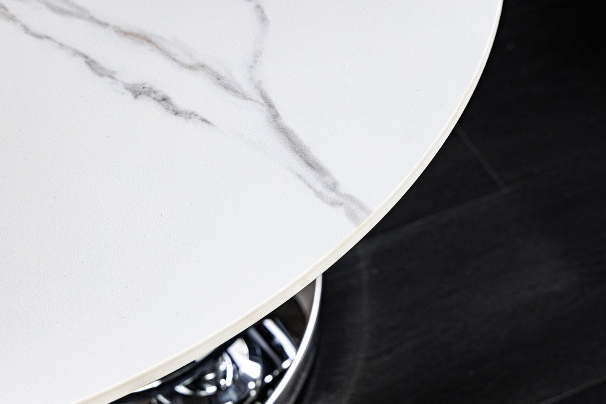 Coffee table DANCING RINGS 80-135cm rotatable w/ chrome rack and ceramic top white marble