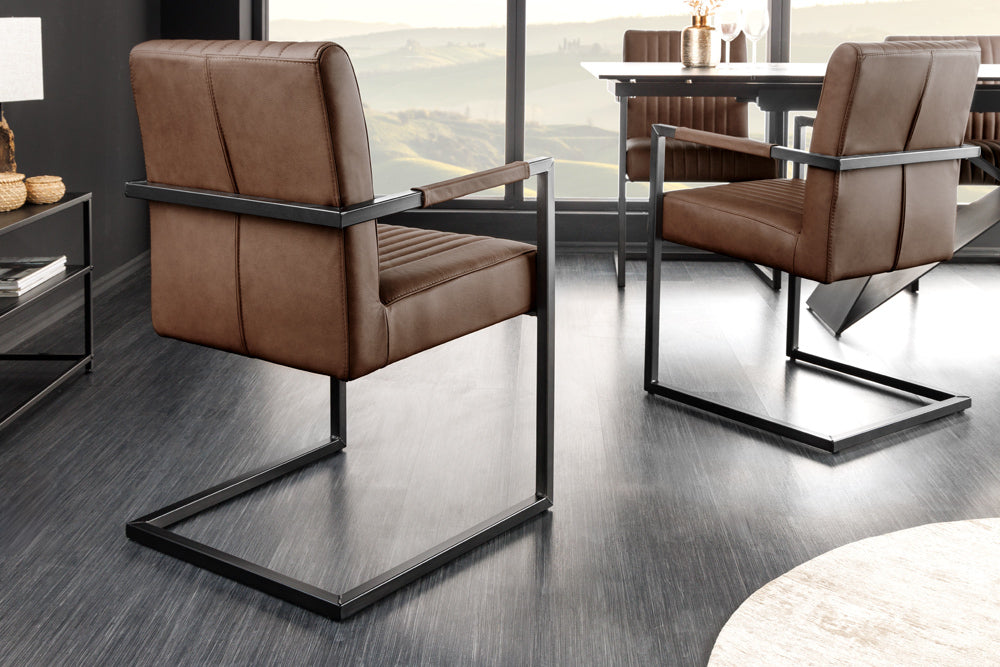 Cantilever chair BIG ASTON w/ armrests spring core black metal legs leather vintage brown