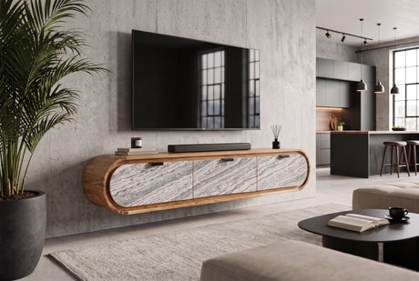 TV-Board ORGANIC 160cm hanging acacia wood natural w/ stone look front