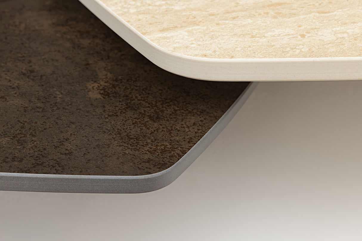 Couchtisch MOVEMENT 80-130cm drehbare Keramikplatte Naturtravertin und Rostoptik