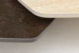 Couchtisch MOVEMENT 80-130cm drehbare Keramikplatte Naturtravertin und Rostoptik