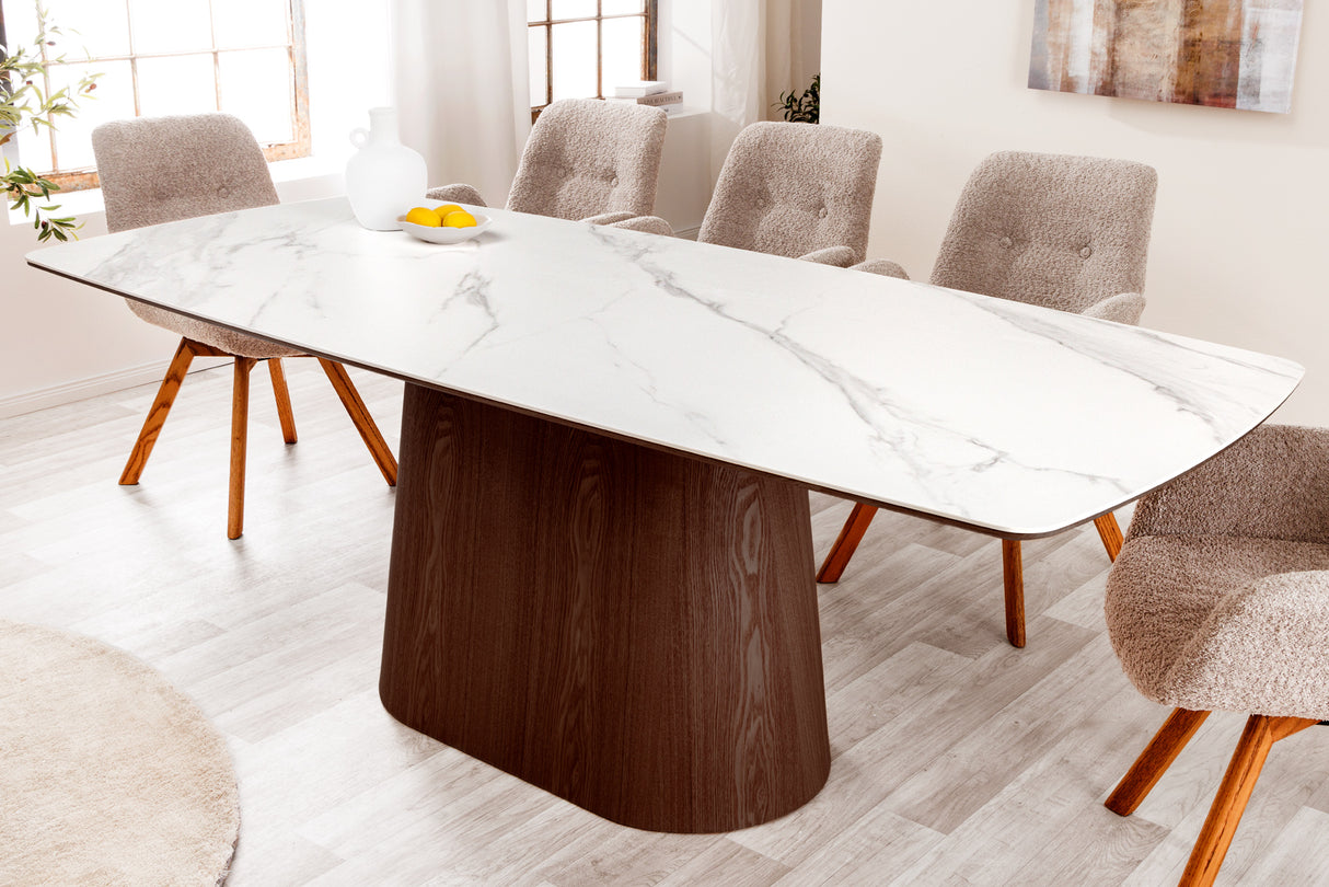 Dining table UNIQUE 200cm frame dark walnut wood veneered ceramic white marble top