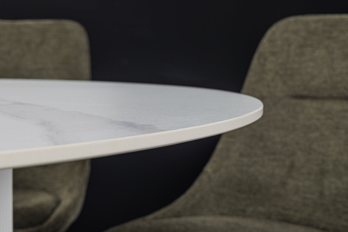 Dining table UNIQUE 120cm round white frame ceramic white marble top