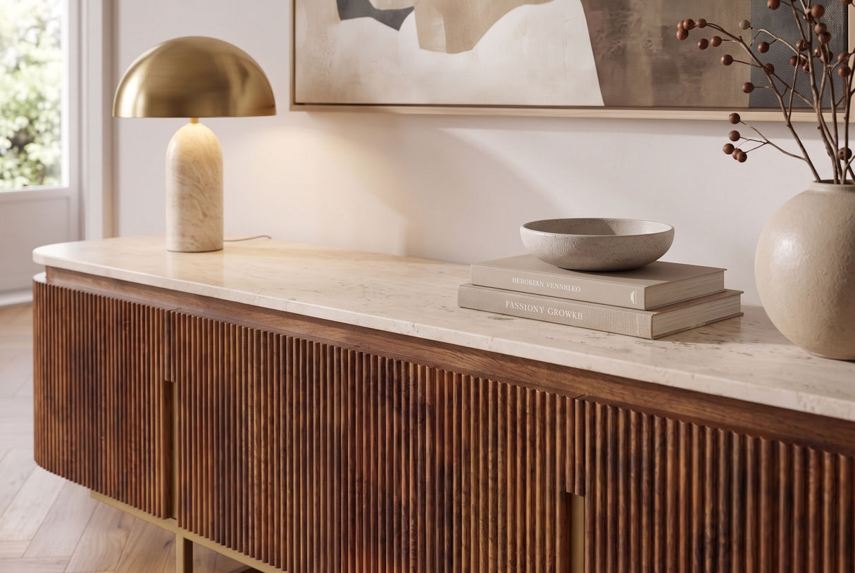 TV-Board GATSBY 160cm retro style mango wood travertine top brown gold