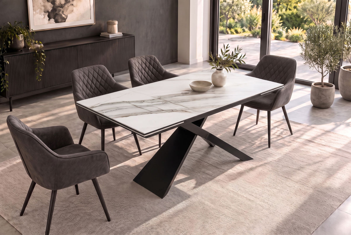Esstisch EUPHORIA 180-220-260cm ausziehbar, Carrara Oro Keramik in Marmoroptik mit schwarzem Sternenfuß