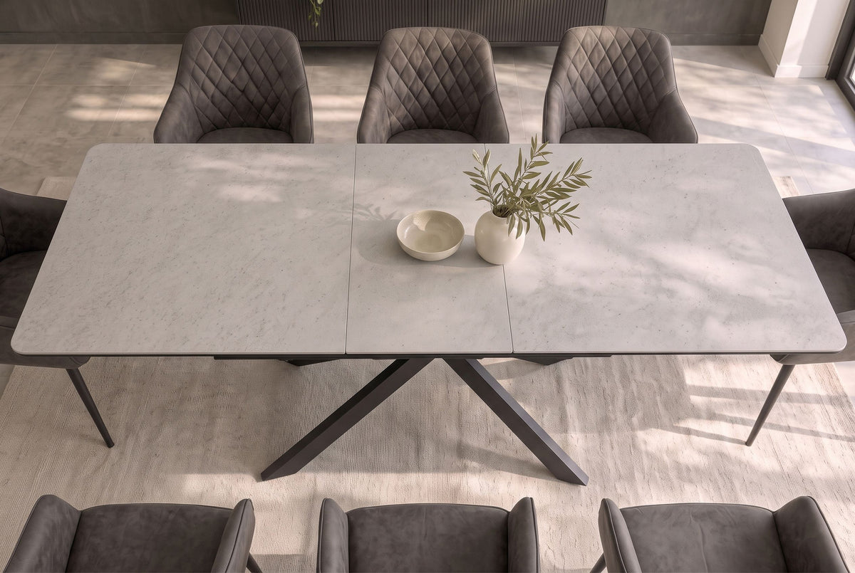 Esstisch ALPINE 160-200cm ausziehbar Keramik Beton taupe mit schwarzem Sternfuß