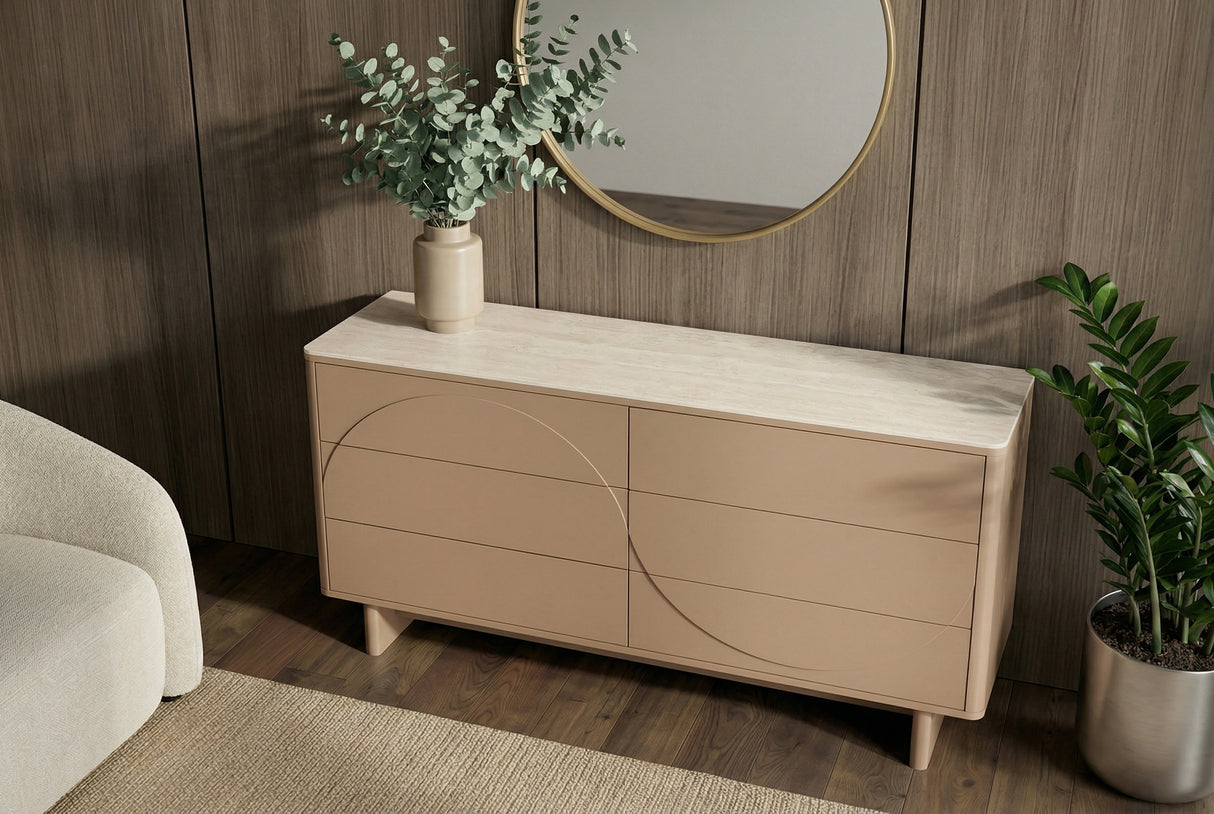 Sideboard SAVOY 150 cm 3D Natur mit Travertinmarmor-Keramikplatte