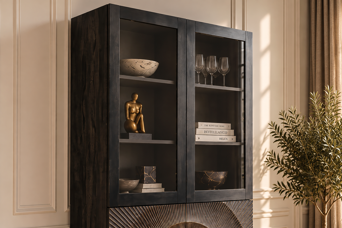 Highboard GOLDEN SUNSET 180cm 3D w/ glass doors mango wood black gold